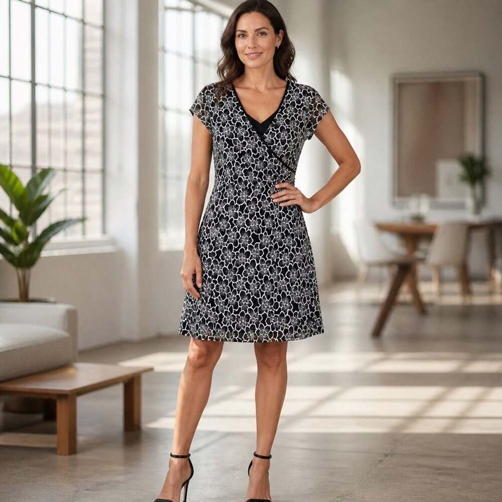 LOFT Black and White Floral Short Sleeve Surplice V-Neck Wrap Dress Size 16
